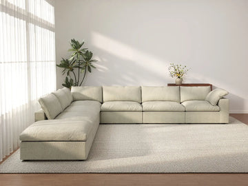 Deluxe Cloud 6-Seater Khaki V-Shaped Sectional | 7-Piece (Includes 1 Ottoman), Cotton And Linen Fabric, Living Room Seating, Washable Cushion Covers