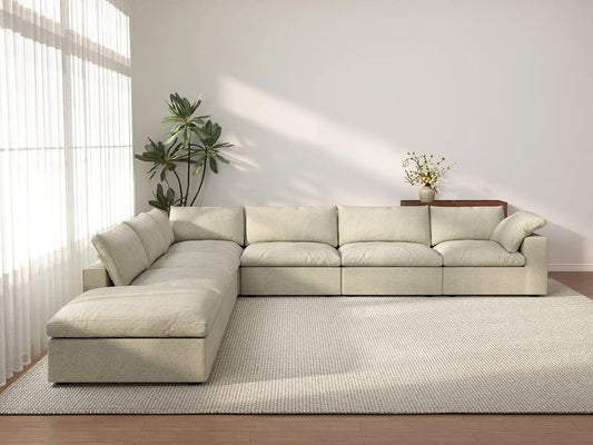 Deluxe Cloud 6-Seater Khaki V-Shaped Sectional | 7-Piece (Includes 1 Ottoman), Cotton And Linen Fabric, Living Room Seating, Washable Cushion Covers