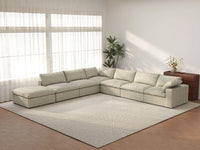 Deluxe Cloud 6-Seater Khaki V-Shaped Sectional | 7-Piece (Includes 1 Ottoman), Cotton And Linen Fabric, Living Room Seating, Washable Cushion Covers