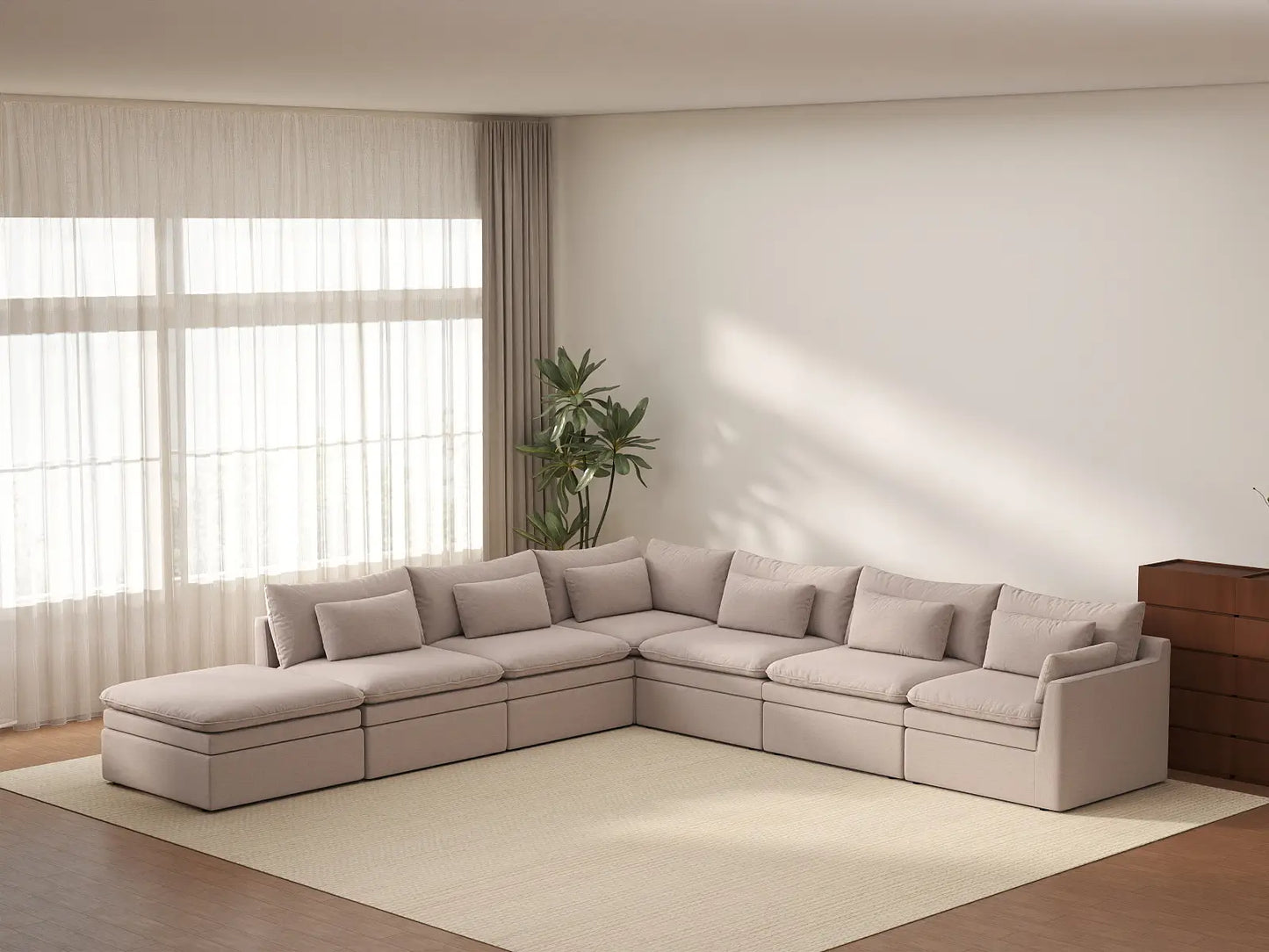 Deluxe Cloud 6-Seater Khaki V-Shaped Sectional | 7-Piece (Includes 1 Ottoman), Linen Look Poly Fabric, Washable Cushion Covers