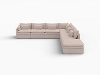 Deluxe Cloud 6-Seater Khaki V-Shaped Sectional | 7-Piece (Includes 1 Ottoman), Linen Look Poly Fabric, Washable Cushion Covers