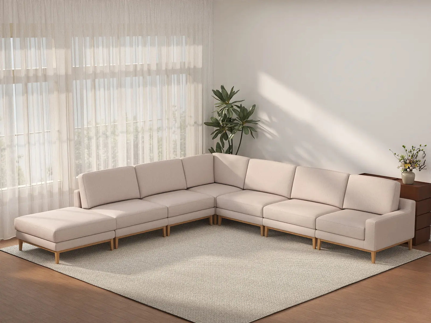 Deluxe Cloud 6-Seater Khaki V-Shaped Sectional | 7-Piece (Includes 1 Ottoman), Linen Look Poly Fabric, Washable Cushion Covers
