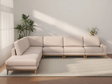Deluxe Cloud 6-Seater Khaki V-Shaped Sectional | 7-Piece (Includes 1 Ottoman), Linen Look Poly Fabric, Washable Cushion Covers