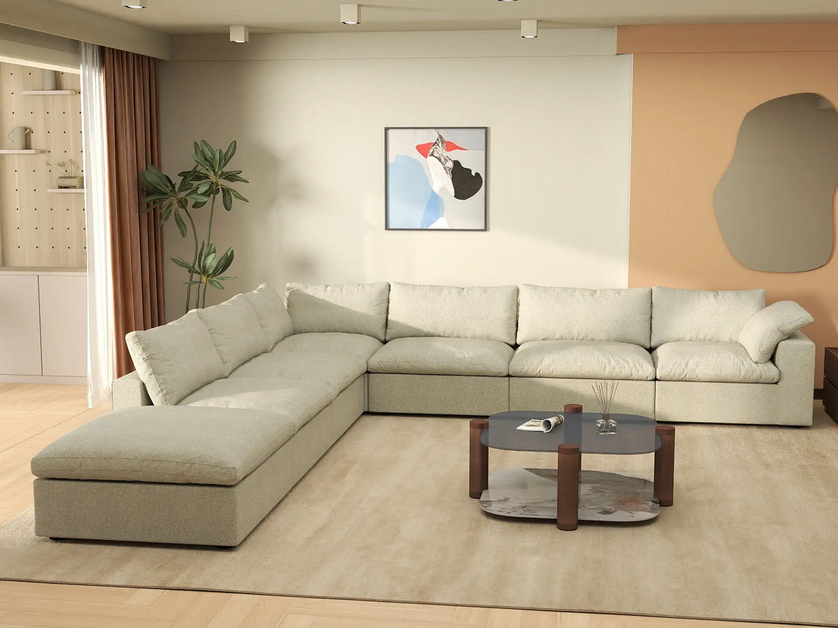 Deluxe Cloud 6-Seater Khaki V-Shaped Sectional | 7-Piece (Includes 1 Ottoman), Cotton And Linen Fabric, Living Room Seating, Washable Cushion Covers
