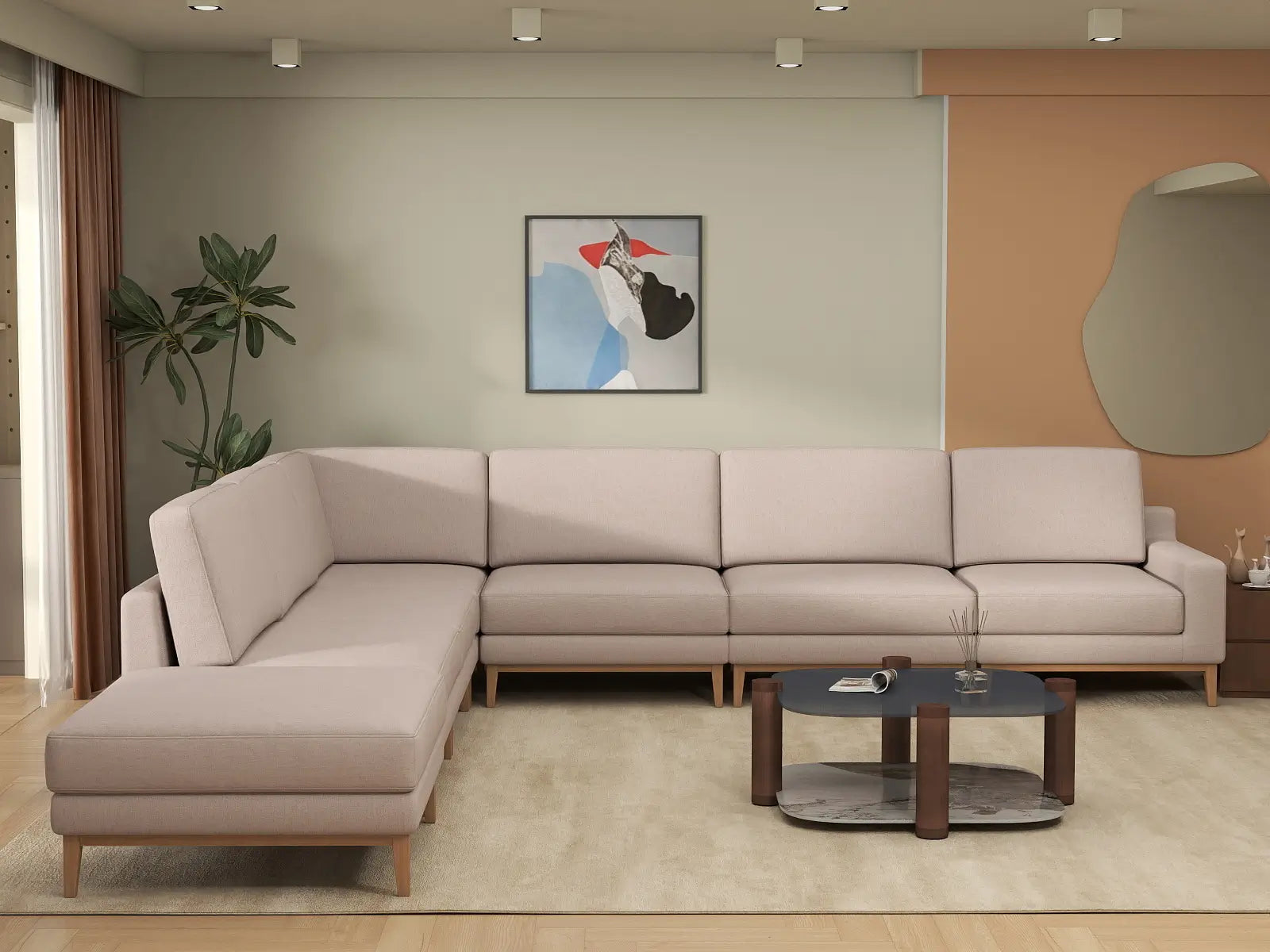 Deluxe Cloud 6-Seater Khaki V-Shaped Sectional | 7-Piece (Includes 1 Ottoman), Linen Look Poly Fabric, Washable Cushion Covers