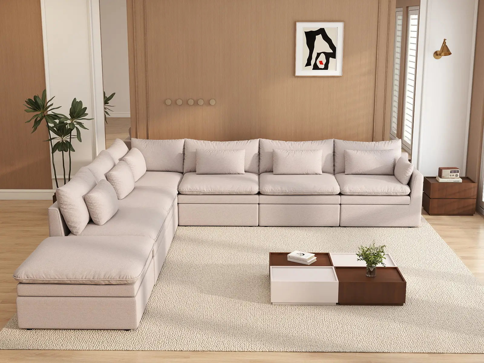 Deluxe Cloud 6-Seater Khaki V-Shaped Sectional | 7-Piece (Includes 1 Ottoman), Linen Look Poly Fabric, Washable Cushion Covers