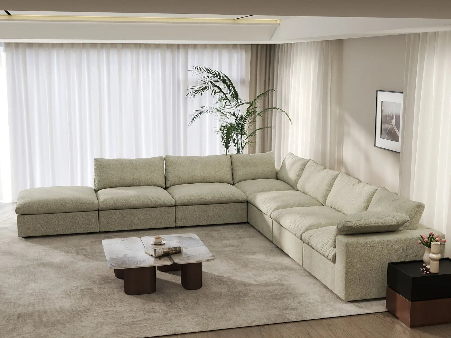 Deluxe Cloud 6-Seater Khaki V-Shaped Sectional | 7-Piece (Includes 1 Ottoman), Cotton And Linen Fabric, Living Room Seating, Washable Cushion Covers