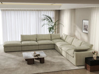 Deluxe Cloud 6-Seater Khaki V-Shaped Sectional | 7-Piece (Includes 1 Ottoman), Cotton And Linen Fabric, Living Room Seating, Washable Cushion Covers