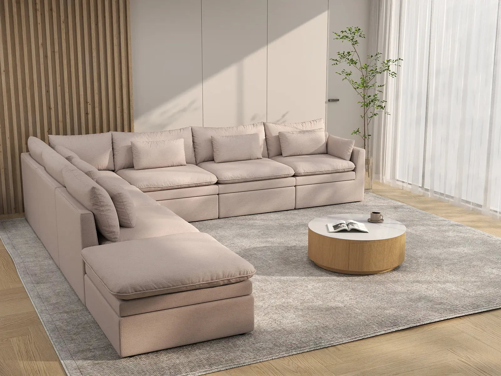 Deluxe Cloud 6-Seater Khaki V-Shaped Sectional | 7-Piece (Includes 1 Ottoman), Linen Look Poly Fabric, Washable Cushion Covers