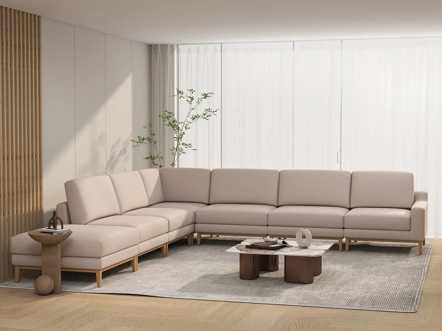 Deluxe Cloud 6-Seater Khaki V-Shaped Sectional | 7-Piece (Includes 1 Ottoman), Linen Look Poly Fabric, Washable Cushion Covers