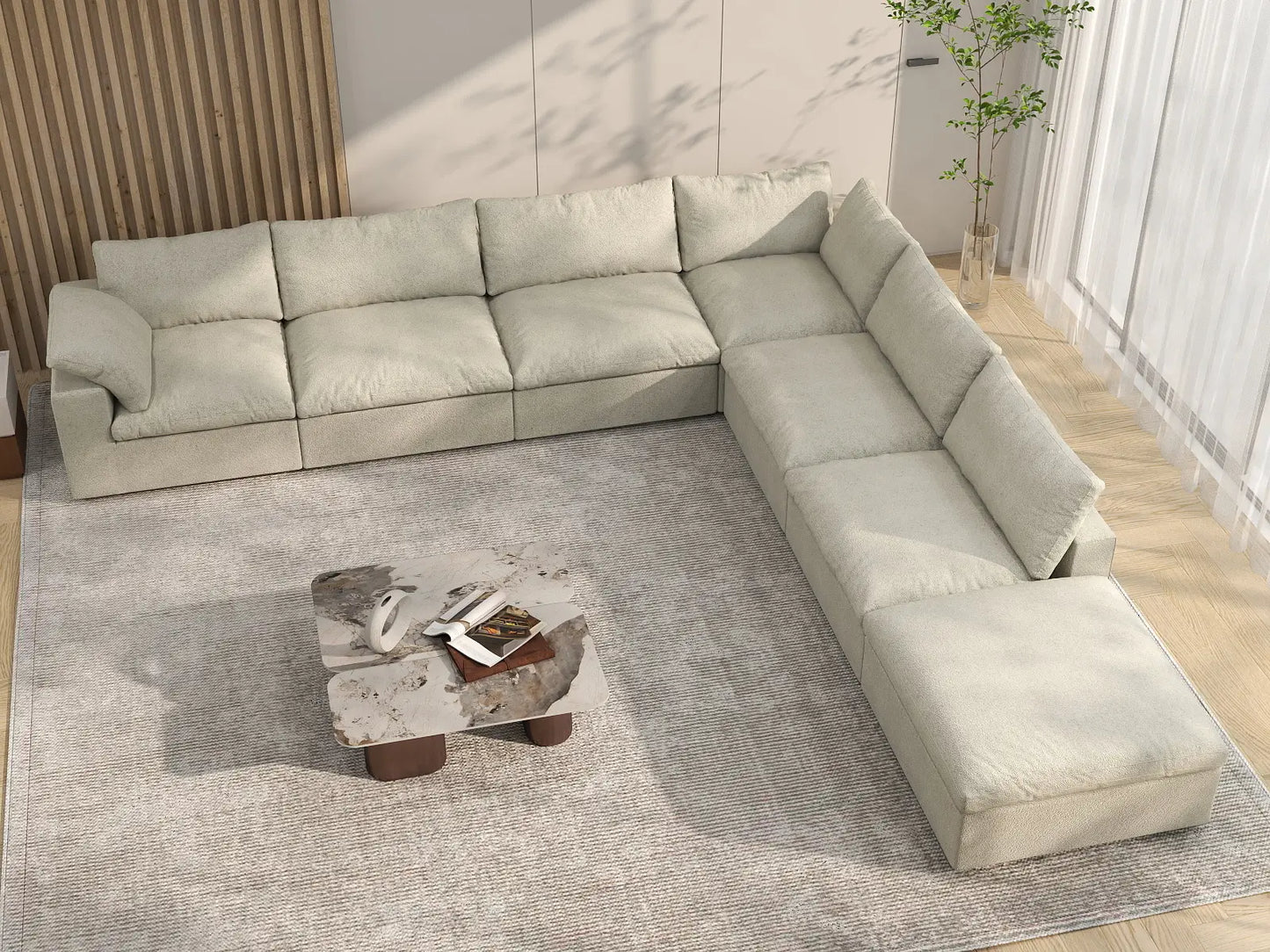 Deluxe Cloud 6-Seater Khaki V-Shaped Sectional | 7-Piece (Includes 1 Ottoman), Cotton And Linen Fabric, Living Room Seating, Washable Cushion Covers
