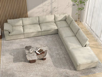 Deluxe Cloud 6-Seater Khaki V-Shaped Sectional | 7-Piece (Includes 1 Ottoman), Cotton And Linen Fabric, Living Room Seating, Washable Cushion Covers