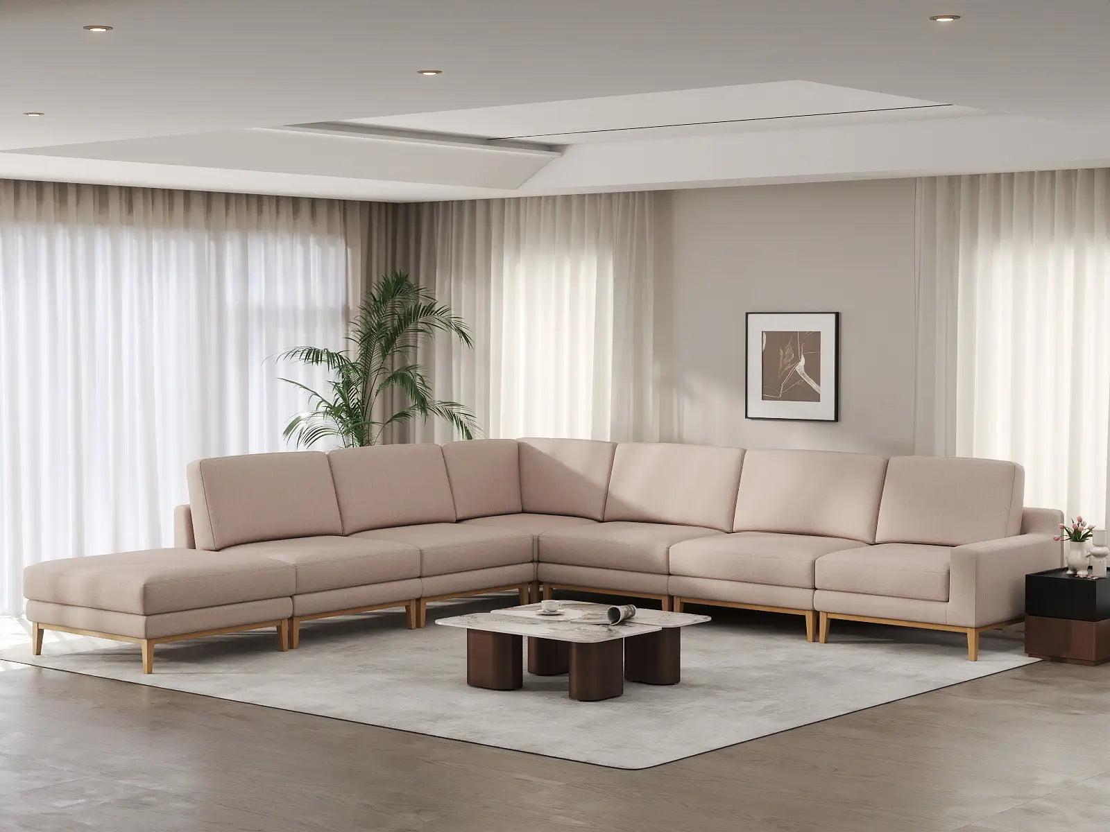 Deluxe Cloud 6-Seater Khaki V-Shaped Sectional | 7-Piece (Includes 1 Ottoman), Linen Look Poly Fabric, Washable Cushion Covers
