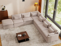 Deluxe Cloud 6-Seater Khaki V-Shaped Sectional | 7-Piece (Includes 1 Ottoman), Linen Look Poly Fabric, Washable Cushion Covers