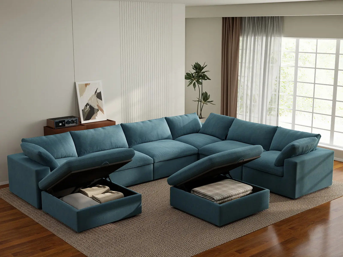 Deluxe Cloud 6-Seater Light Blue Sofa Set | 8-Piece (Includes 2 Ottomans), Velvet Fabric, Living Room, Washable Cushion Covers