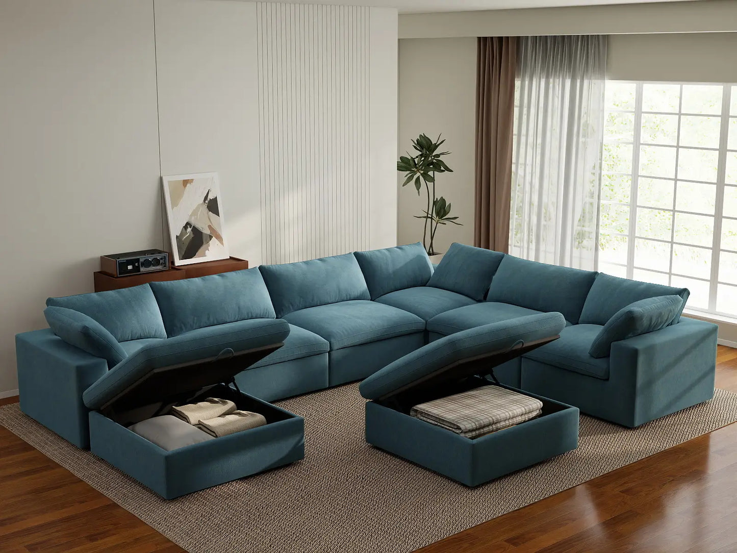Deluxe Cloud 6-Seater Light Blue Sofa Set | 8-Piece (Includes 2 Ottomans), Velvet Fabric, Living Room, Washable Cushion Covers