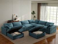 Deluxe Cloud 6-Seater Light Blue Sofa Set | 8-Piece (Includes 2 Ottomans), Velvet Fabric, Living Room, Washable Cushion Covers