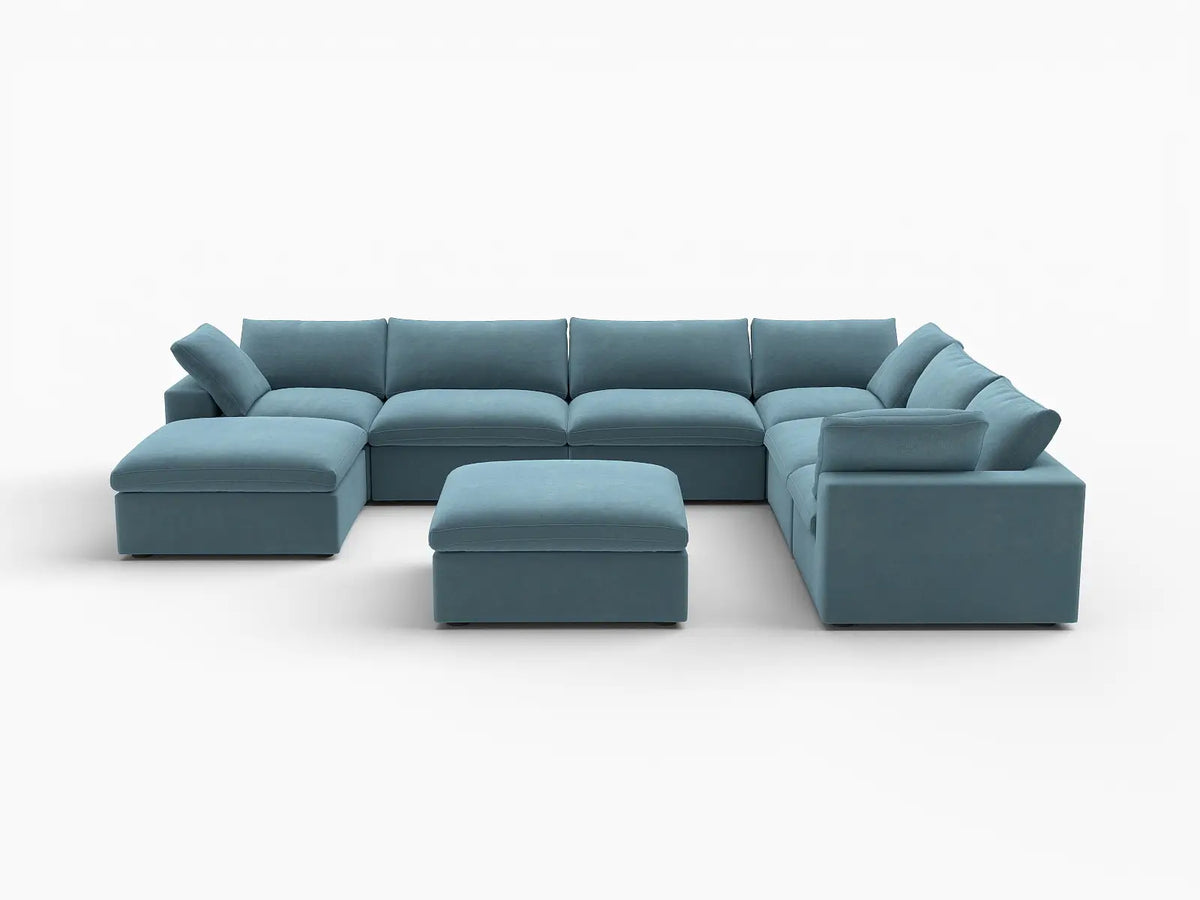 Deluxe Cloud 6-Seater Light Blue Sofa Set | 8-Piece (Includes 2 Ottomans), Velvet Fabric, Living Room, Washable Cushion Covers