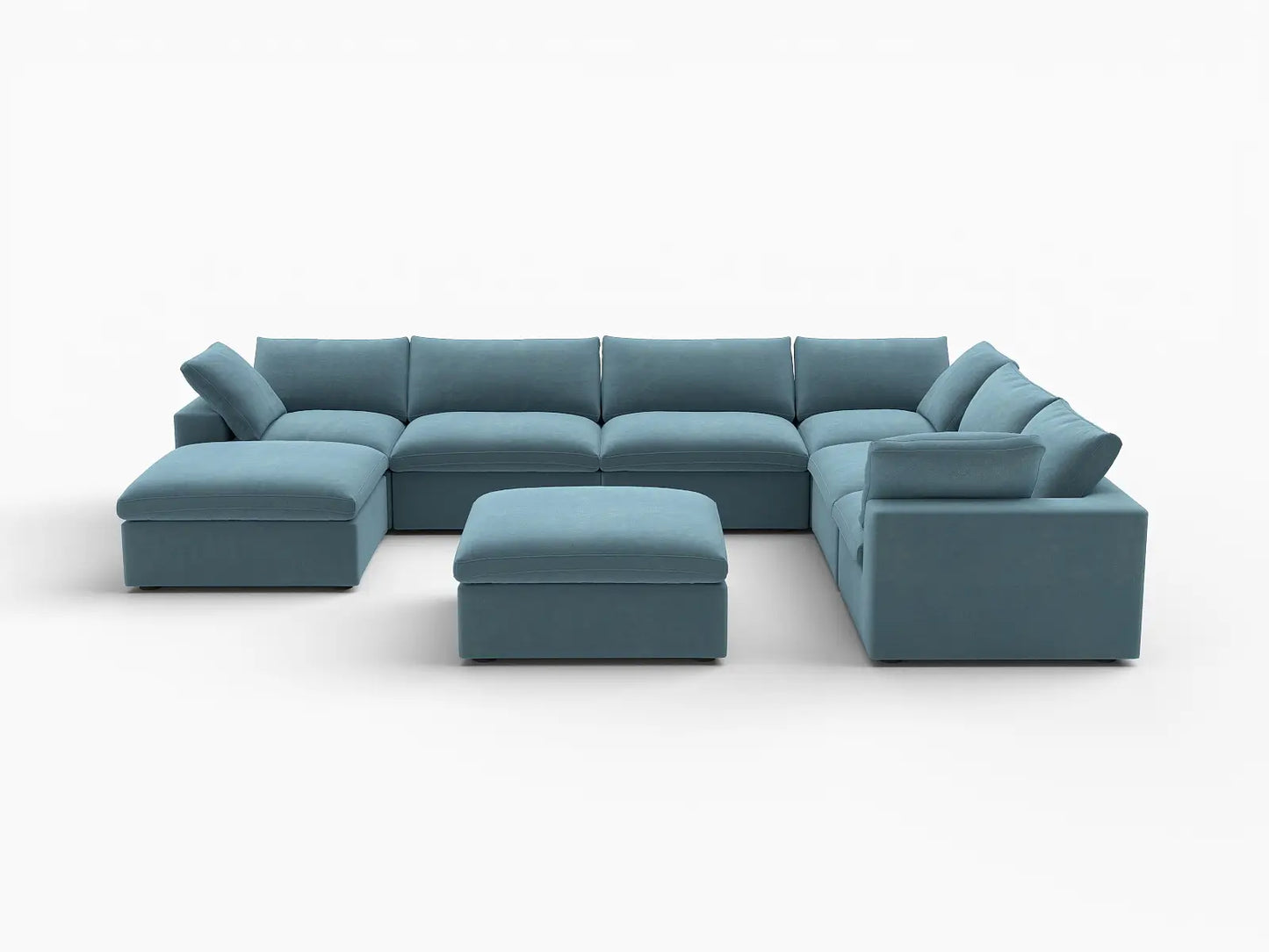 Deluxe Cloud 6-Seater Light Blue Sofa Set | 8-Piece (Includes 2 Ottomans), Velvet Fabric, Living Room, Washable Cushion Covers