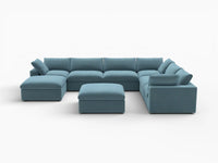 Deluxe Cloud 6-Seater Light Blue Sofa Set | 8-Piece (Includes 2 Ottomans), Velvet Fabric, Living Room, Washable Cushion Covers