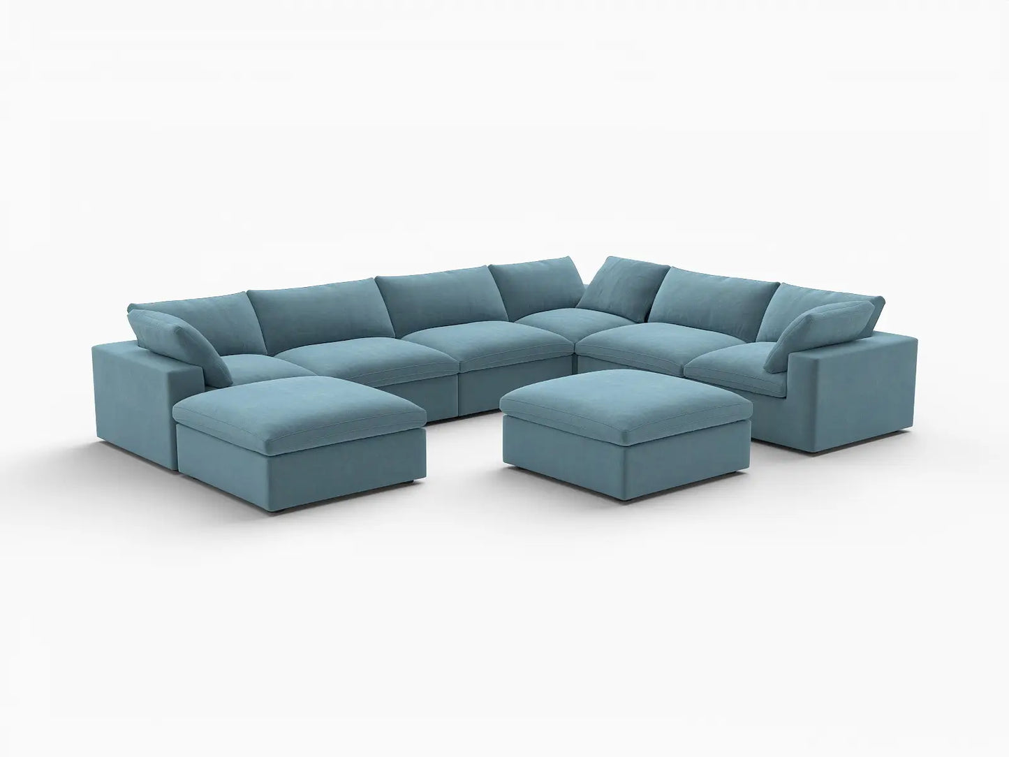 Deluxe Cloud 6-Seater Light Blue Sofa Set | 8-Piece (Includes 2 Ottomans), Velvet Fabric, Living Room, Washable Cushion Covers