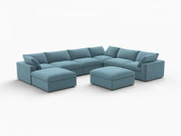Deluxe Cloud 6-Seater Light Blue Sofa Set | 8-Piece (Includes 2 Ottomans), Velvet Fabric, Living Room, Washable Cushion Covers