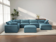 Deluxe Cloud 6-Seater Light Blue Sofa Set | 8-Piece (Includes 2 Ottomans), Velvet Fabric, Living Room, Washable Cushion Covers