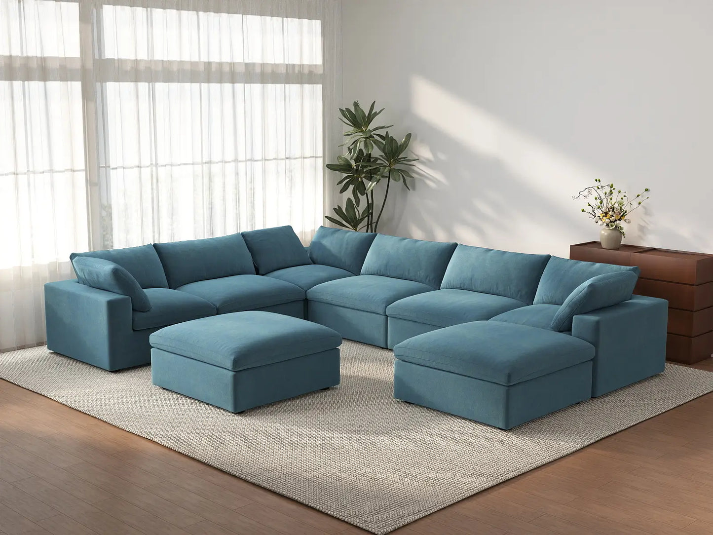 Deluxe Cloud 6-Seater Light Blue Sofa Set | 8-Piece (Includes 2 Ottomans), Velvet Fabric, Living Room, Washable Cushion Covers