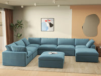 Deluxe Cloud 6-Seater Light Blue Sofa Set | 8-Piece (Includes 2 Ottomans), Velvet Fabric, Living Room, Washable Cushion Covers