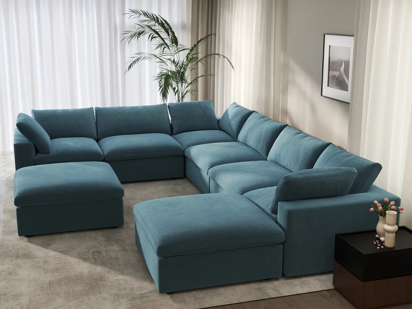 Deluxe Cloud 6-Seater Light Blue Sofa Set | 8-Piece (Includes 2 Ottomans), Velvet Fabric, Living Room, Washable Cushion Covers