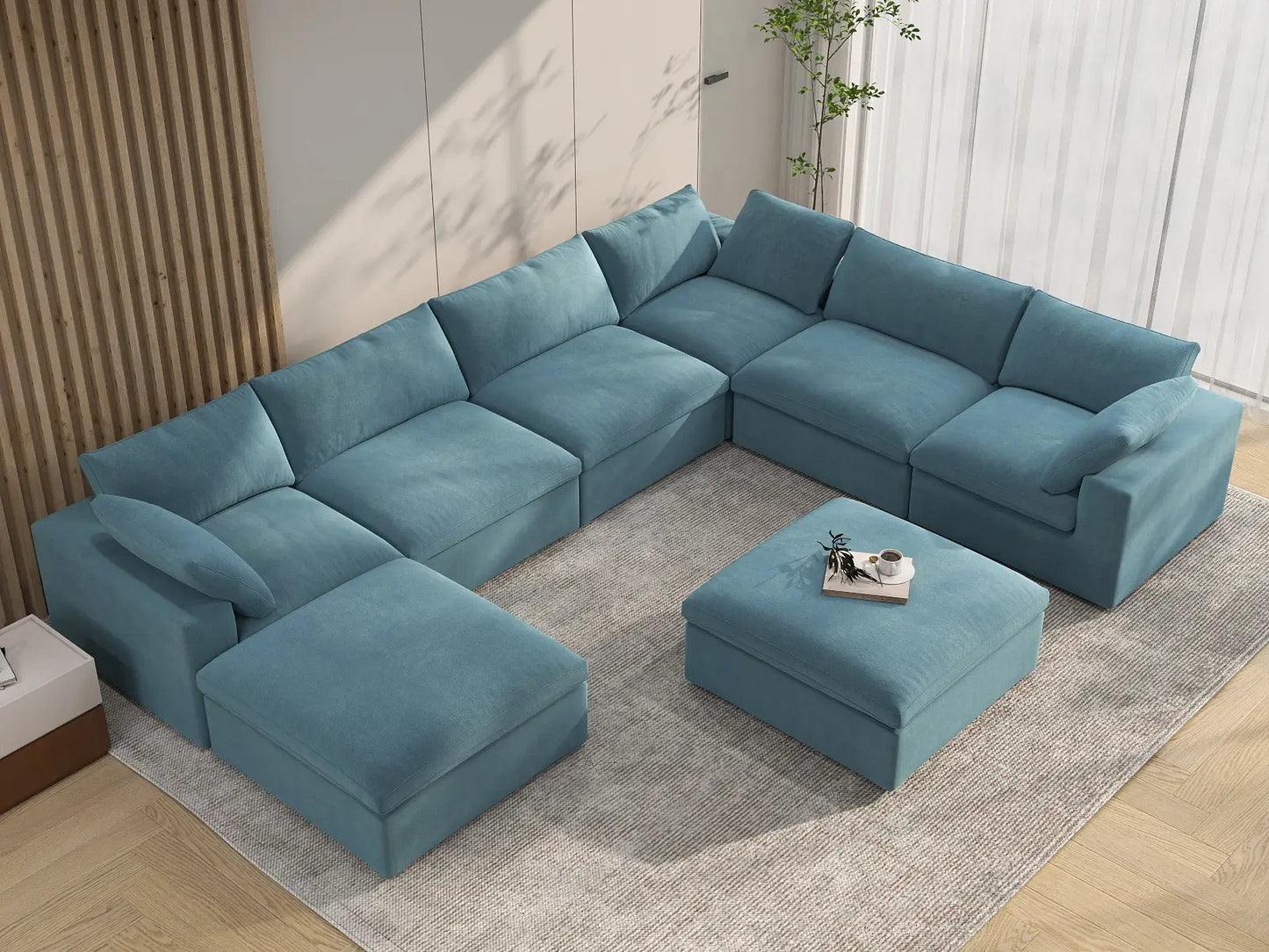 Deluxe Cloud 6-Seater Light Blue Sofa Set | 8-Piece (Includes 2 Ottomans), Velvet Fabric, Living Room, Washable Cushion Covers