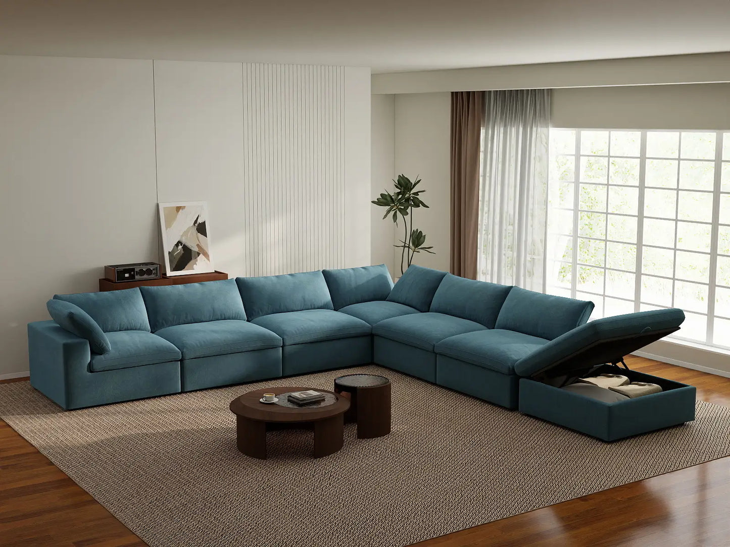 Deluxe Cloud 6-Seater Light Blue V-Shaped Sectional | 7-Piece (Includes 1 Ottoman), Velvet Fabric, Living Room Seating, Washable Cushion Covers