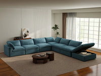 Deluxe Cloud 6-Seater Light Blue V-Shaped Sectional | 7-Piece (Includes 1 Ottoman), Velvet Fabric, Living Room Seating, Washable Cushion Covers