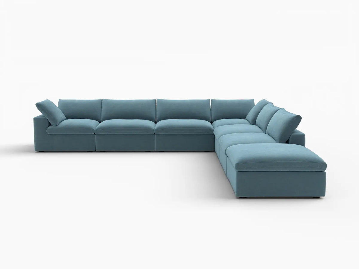 Deluxe Cloud 6-Seater Light Blue V-Shaped Sectional | 7-Piece (Includes 1 Ottoman), Velvet Fabric, Living Room Seating, Washable Cushion Covers