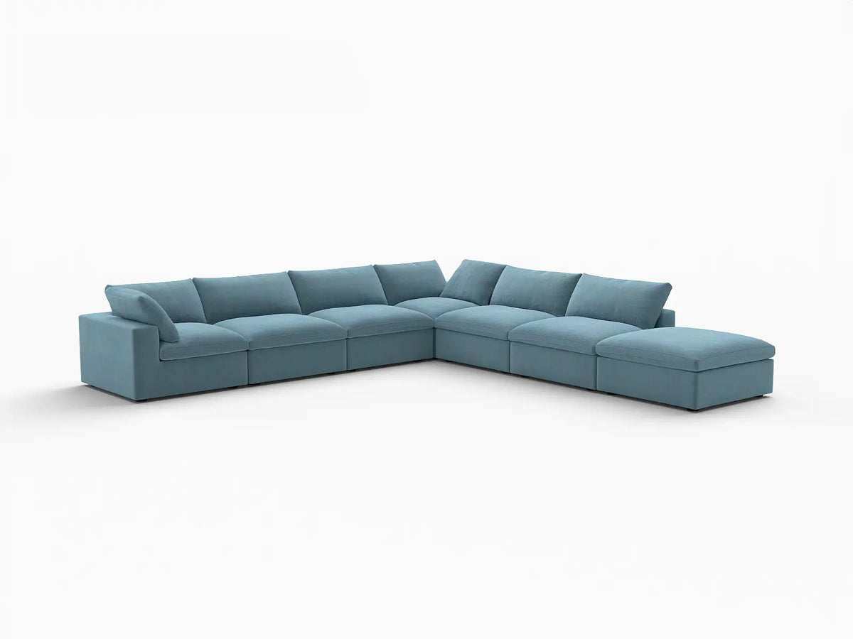 Deluxe Cloud 6-Seater Light Blue V-Shaped Sectional | 7-Piece (Includes 1 Ottoman), Velvet Fabric, Living Room Seating, Washable Cushion Covers