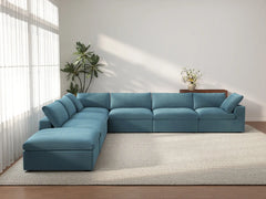 Deluxe Cloud 6-Seater Light Blue V-Shaped Sectional | 7-Piece (Includes 1 Ottoman), Velvet Fabric, Living Room Seating, Washable Cushion Covers