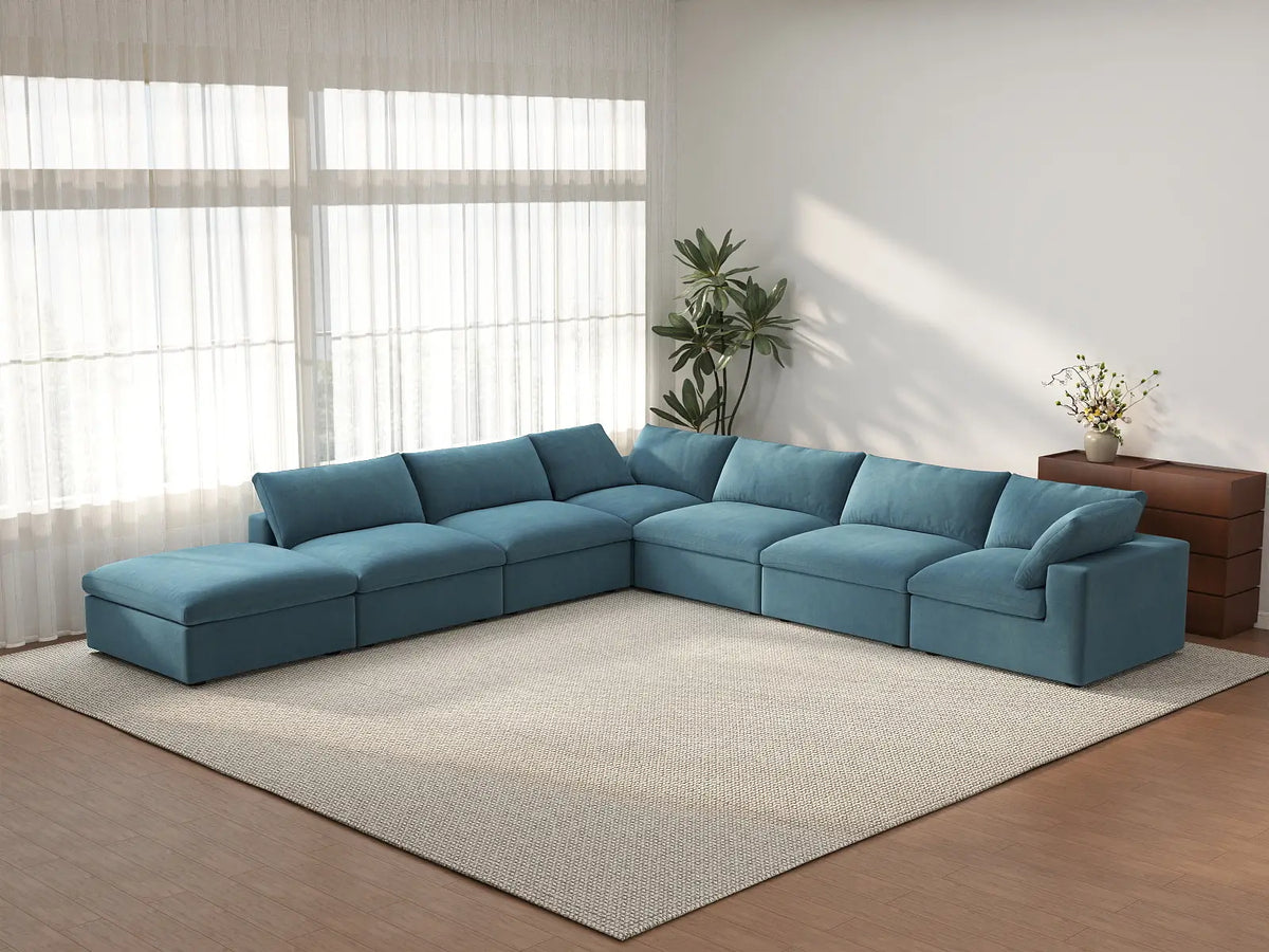 Deluxe Cloud 6-Seater Light Blue V-Shaped Sectional | 7-Piece (Includes 1 Ottoman), Velvet Fabric, Living Room Seating, Washable Cushion Covers