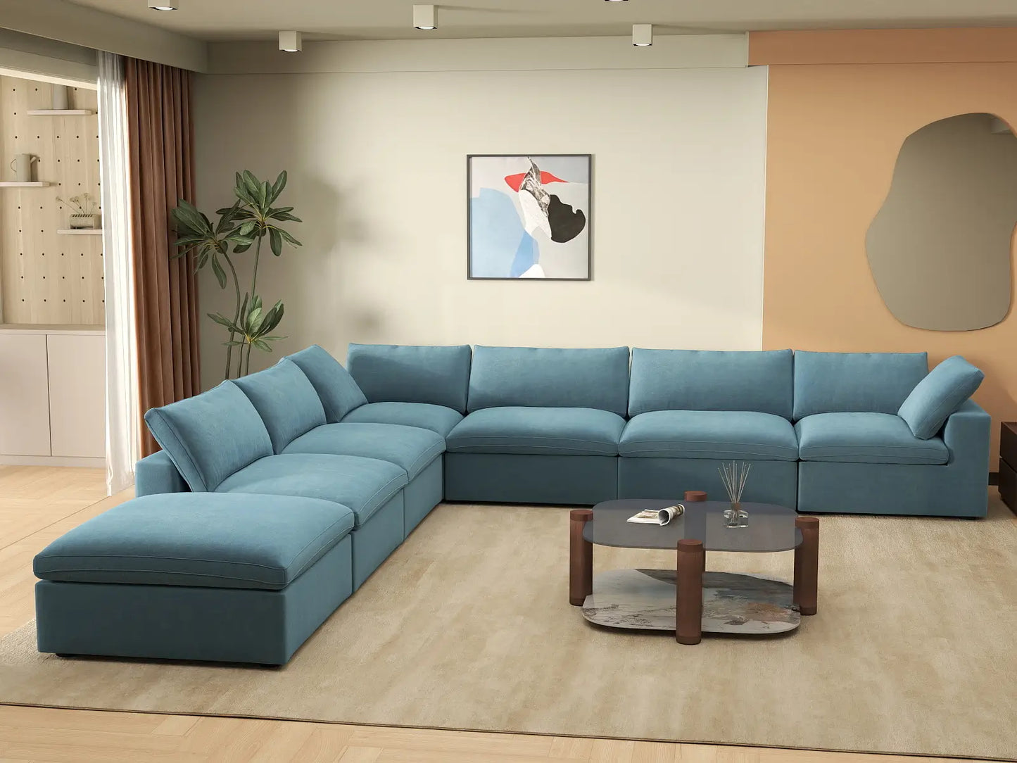 Deluxe Cloud 6-Seater Light Blue V-Shaped Sectional | 7-Piece (Includes 1 Ottoman), Velvet Fabric, Living Room Seating, Washable Cushion Covers