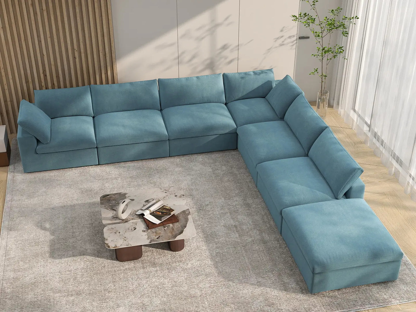 Deluxe Cloud 6-Seater Light Blue V-Shaped Sectional | 7-Piece (Includes 1 Ottoman), Velvet Fabric, Living Room Seating, Washable Cushion Covers