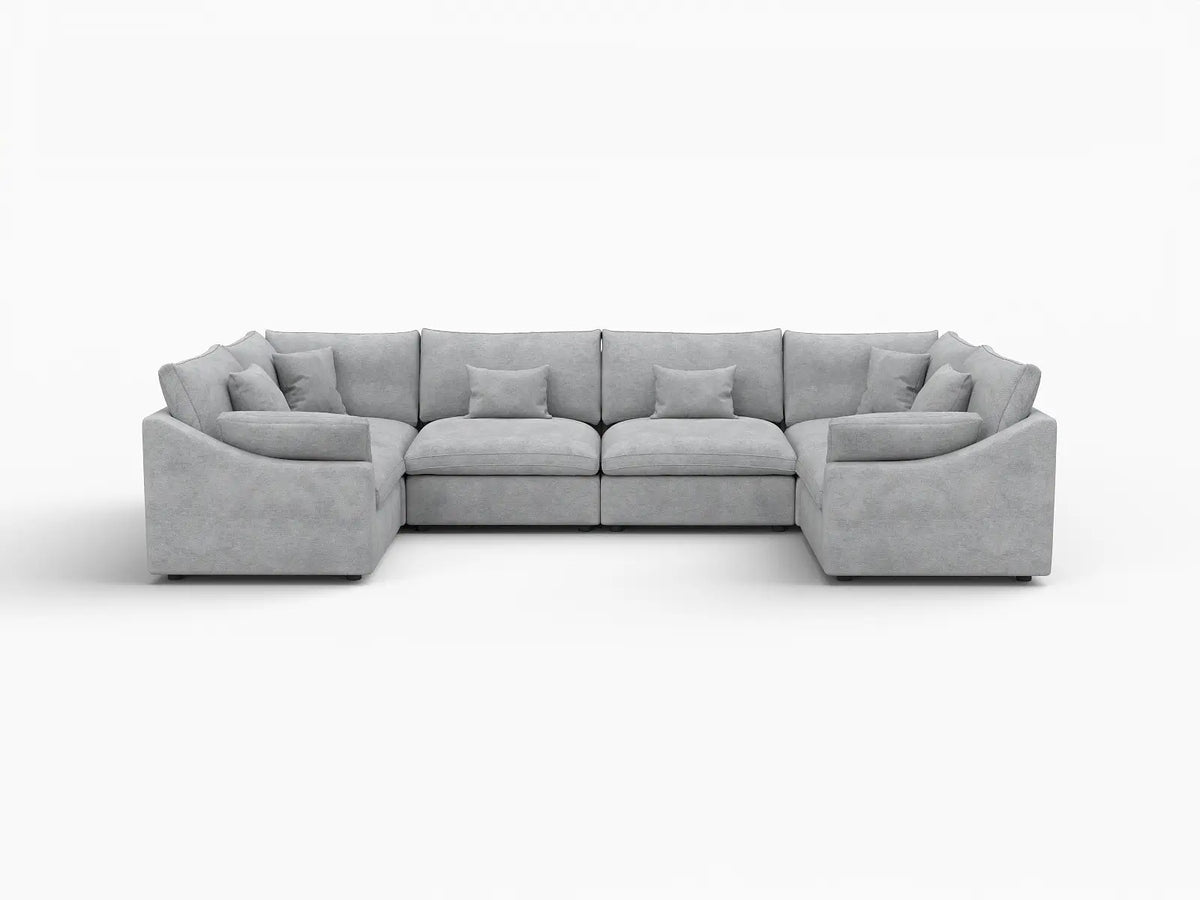 Deluxe Cloud 6-Seater Light Grey Large Space Pit Sectional | 6-Piece, Chenille And Linen Fabric, Easy To Clean