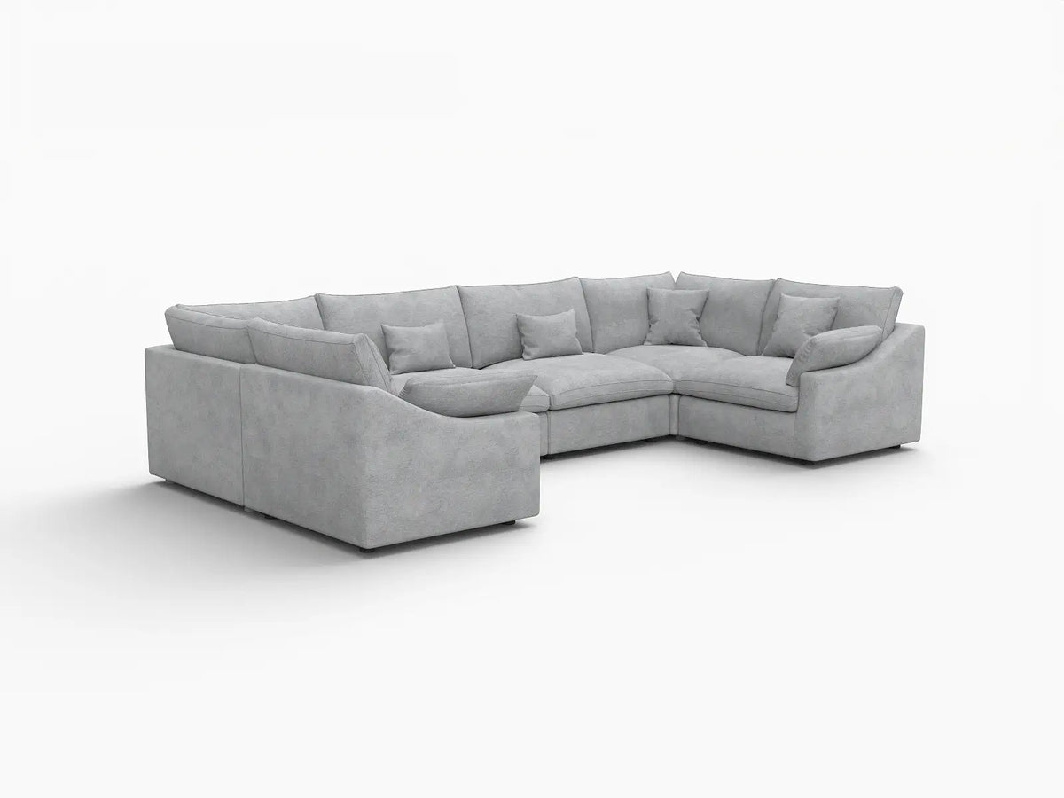 Deluxe Cloud 6-Seater Light Grey Large Space Pit Sectional | 6-Piece, Chenille And Linen Fabric, Easy To Clean