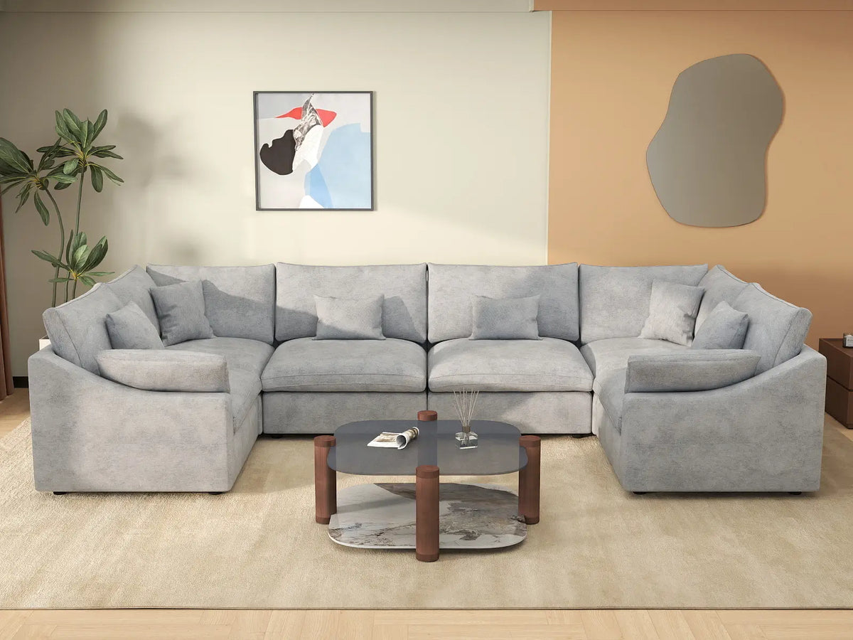 Deluxe Cloud 6-Seater Light Grey Large Space Pit Sectional | 6-Piece, Chenille And Linen Fabric, Easy To Clean