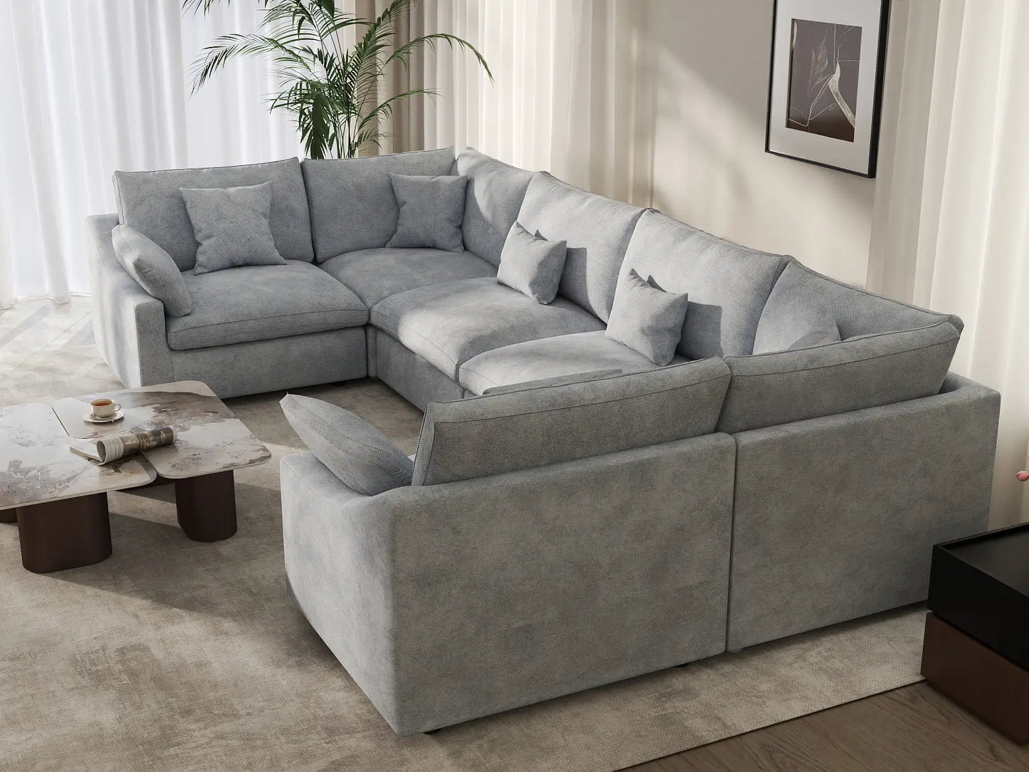 Deluxe Cloud 6-Seater Light Grey Large Space Pit Sectional | 6-Piece, Chenille And Linen Fabric, Easy To Clean