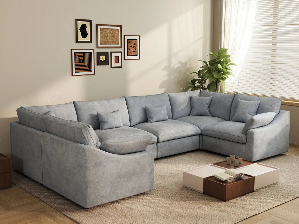 Deluxe Cloud 6-Seater Light Grey Large Space Pit Sectional | 6-Piece, Chenille And Linen Fabric, Easy To Clean