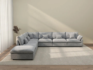 Deluxe Cloud 6-Seater Light Grey Large Space Pit Sectional | 7-Piece (Includes 1 Ottoman), Chenille And Linen Fabric, Easy To Clean