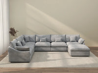 Deluxe Cloud 6-Seater Light Grey Large Space Pit Sectional | 7-Piece (Includes 1 Ottoman), Chenille And Linen Fabric, Easy To Clean