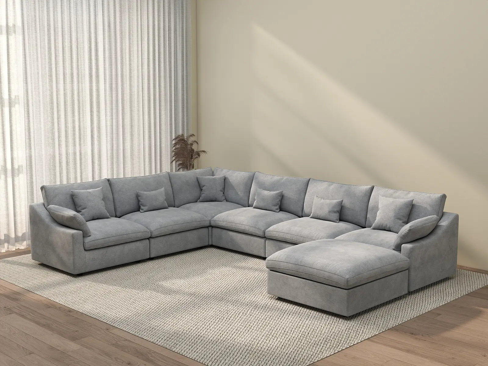 Deluxe Cloud 6-Seater Light Grey Large Space Pit Sectional | 7-Piece (Includes 1 Ottoman), Chenille And Linen Fabric, Easy To Clean