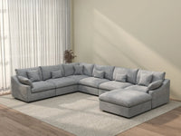 Deluxe Cloud 6-Seater Light Grey Large Space Pit Sectional | 7-Piece (Includes 1 Ottoman), Chenille And Linen Fabric, Easy To Clean