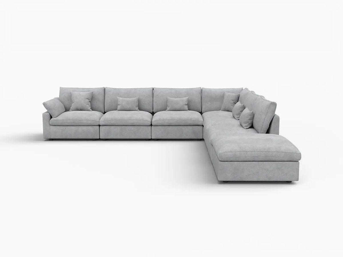Deluxe Cloud 6-Seater Light Grey Large Space Pit Sectional | 7-Piece (Includes 1 Ottoman), Chenille And Linen Fabric, Easy To Clean