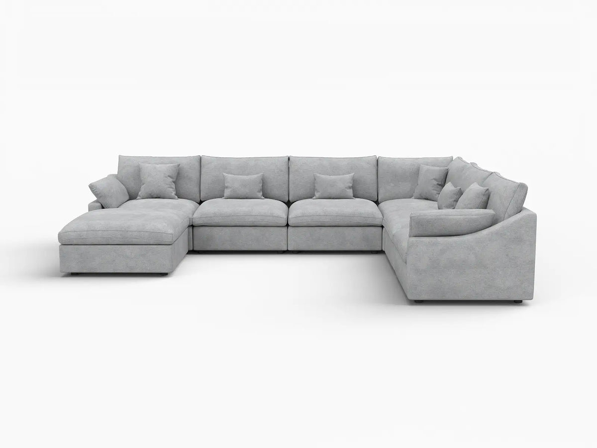 Deluxe Cloud 6-Seater Light Grey Large Space Pit Sectional | 7-Piece (Includes 1 Ottoman), Chenille And Linen Fabric, Easy To Clean